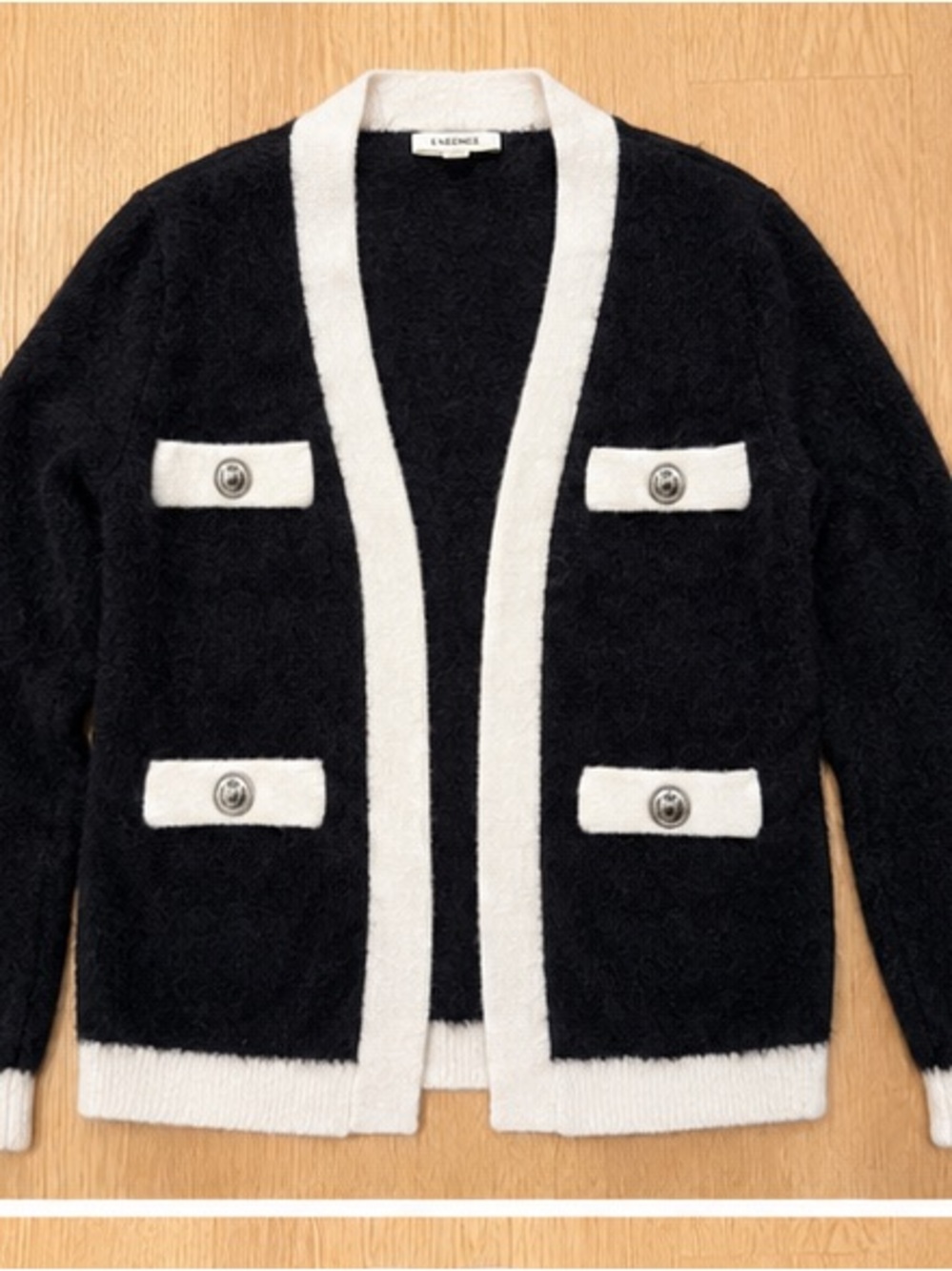 L'AGENCE Zephyra Pointelle Knit Cardigan Black & White